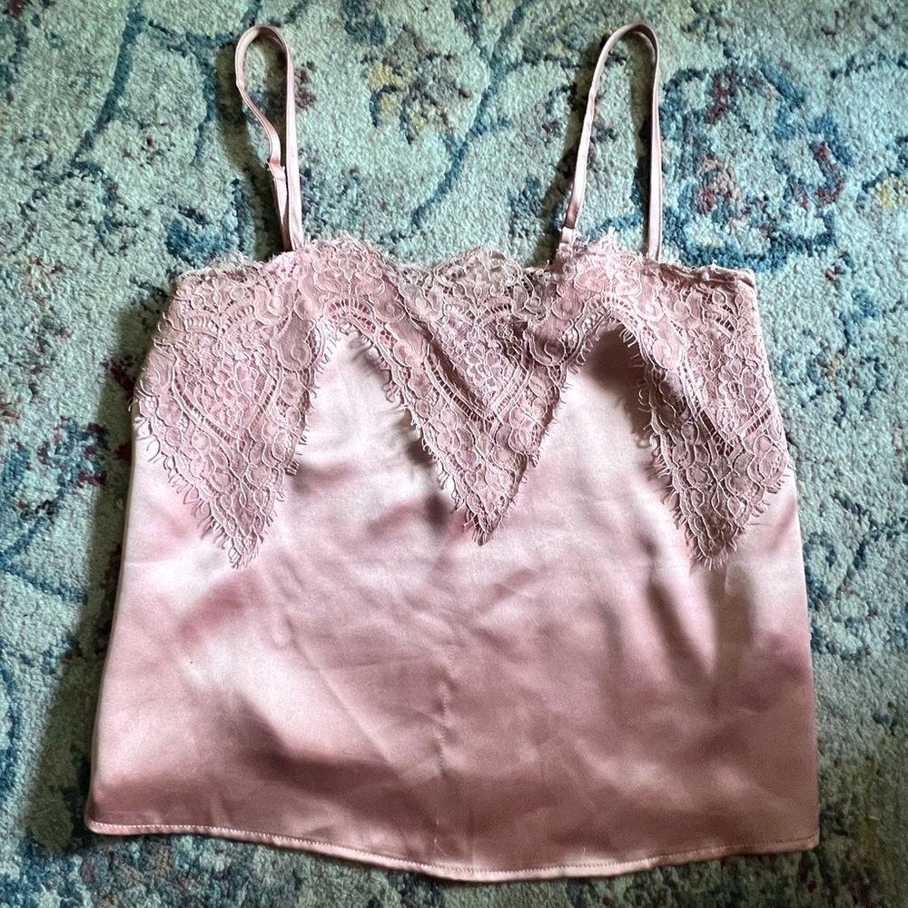 Silky, pink, lace detailed tank top